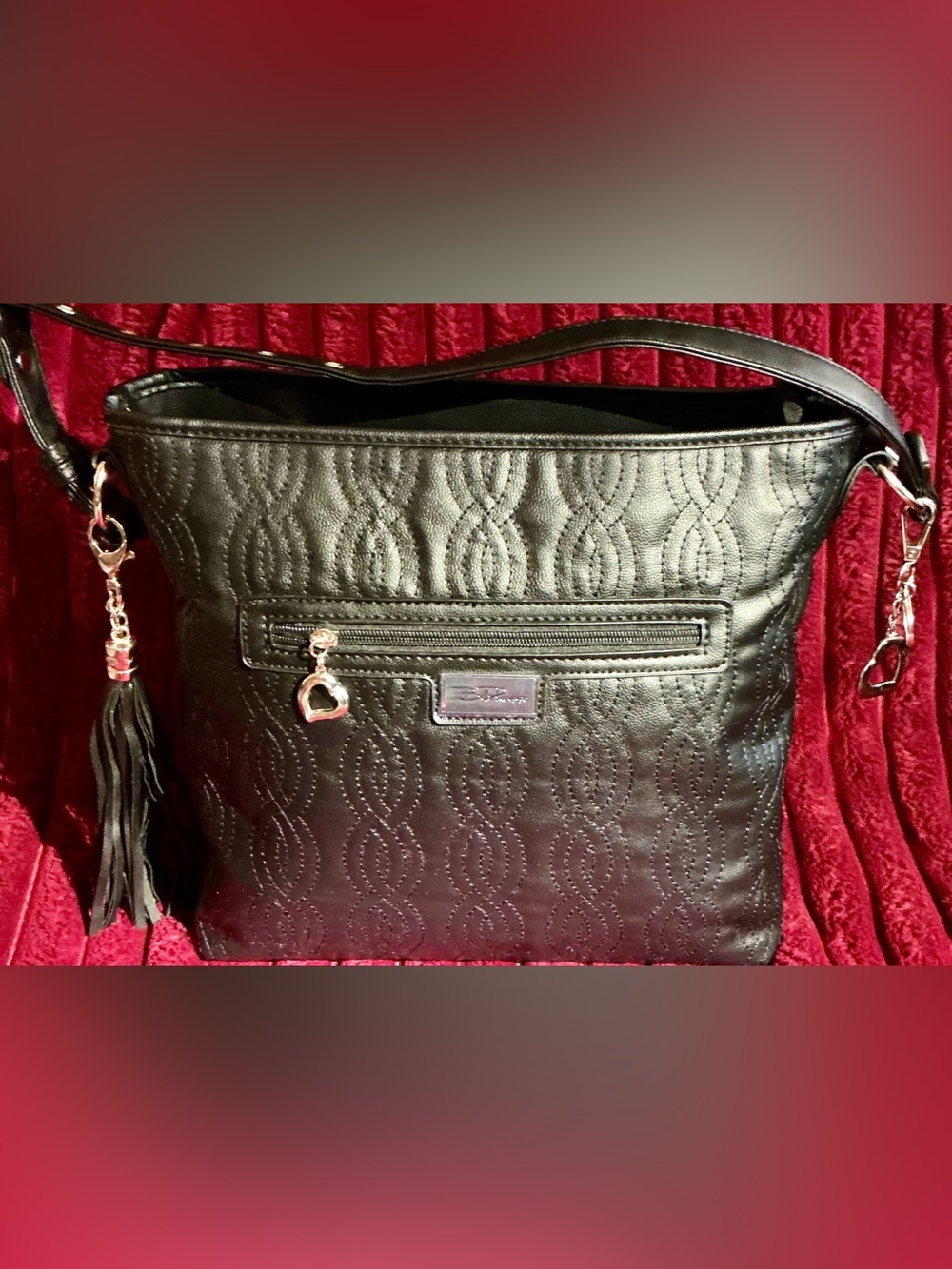 Bella Russo Vegan Leather Quilted Black Shoulder Bag with Heart Charm -